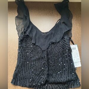 Papell Boitique Evening black beaded ruffle neck low back tank top. Small. NWT